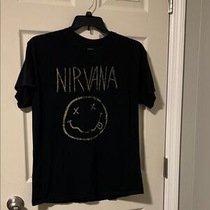 NIRVANA Black Tee with Gold Smiley size large